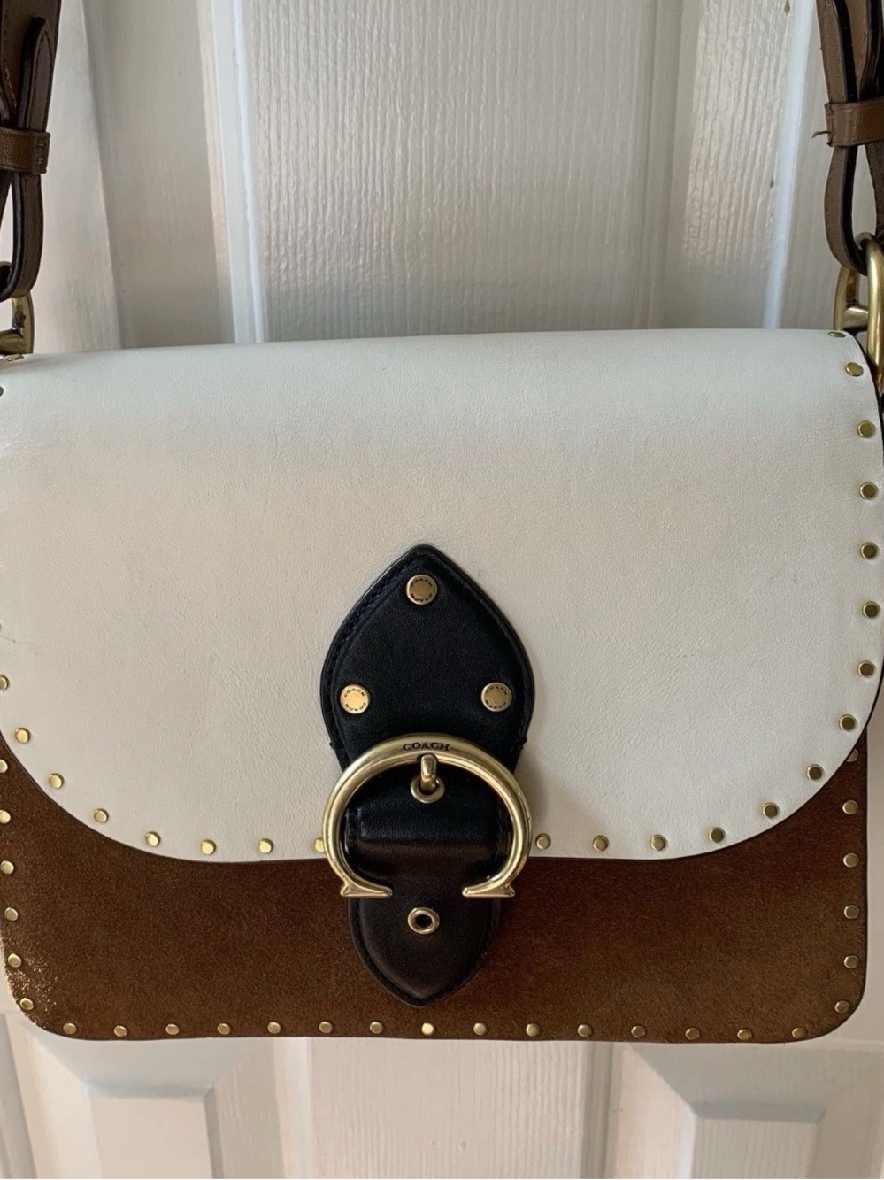 Coach Beat Two-Tone Leather & Suede Shoulder Bag in White, Brown and Black